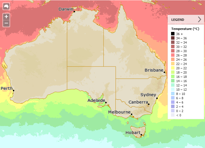 Map showing sea surface temperatures around Australia  on 1 June 2018.